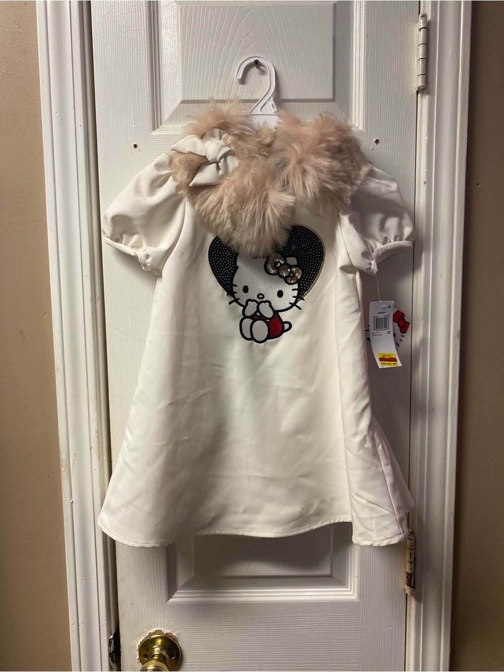 Hello Kitty Removable Faux Fur Collar Dress - Cream with Black & Red Accents
